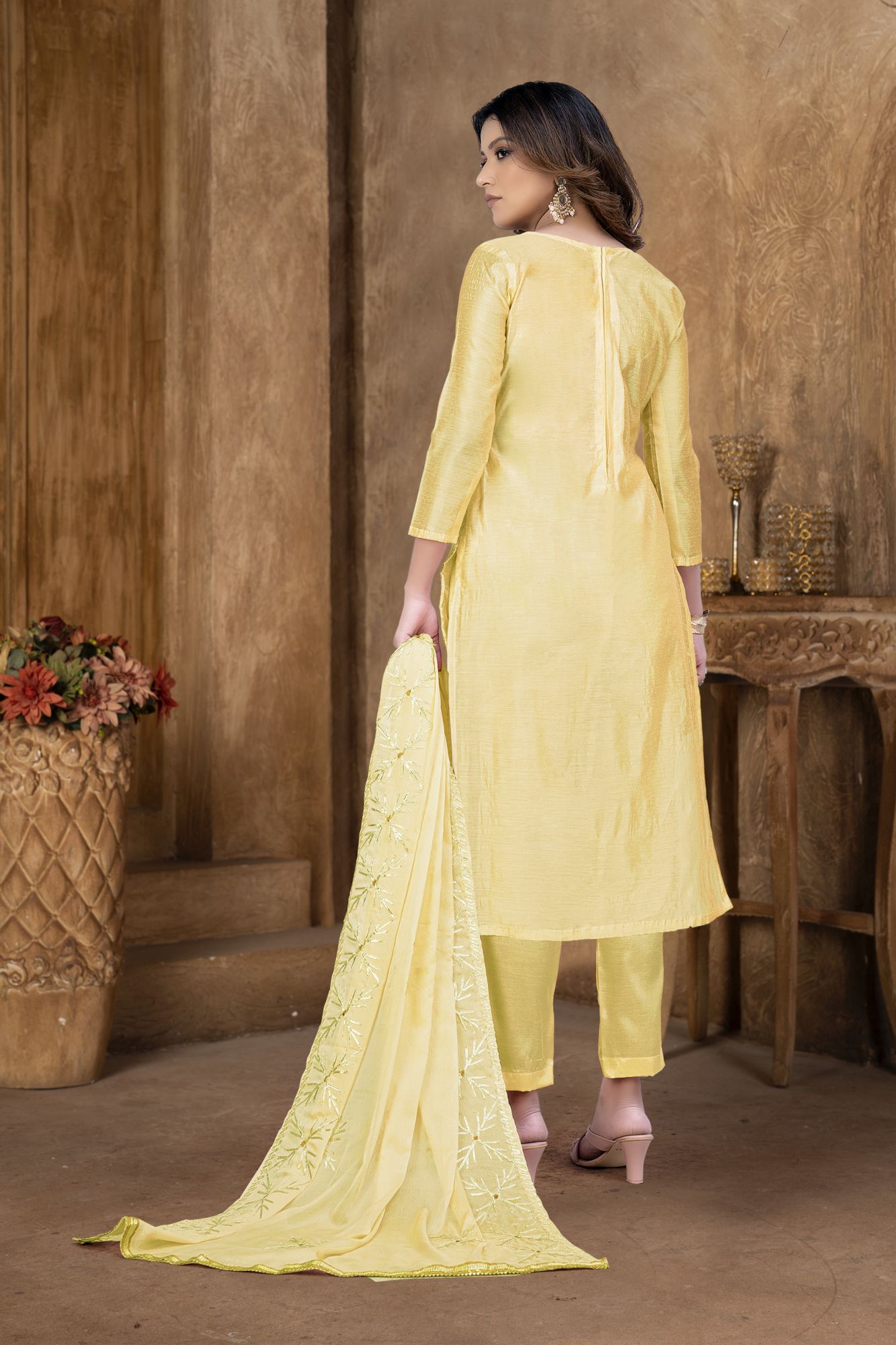 Yellow Modal Cotton Embroidery Festival Party Pant Salwar Kameez