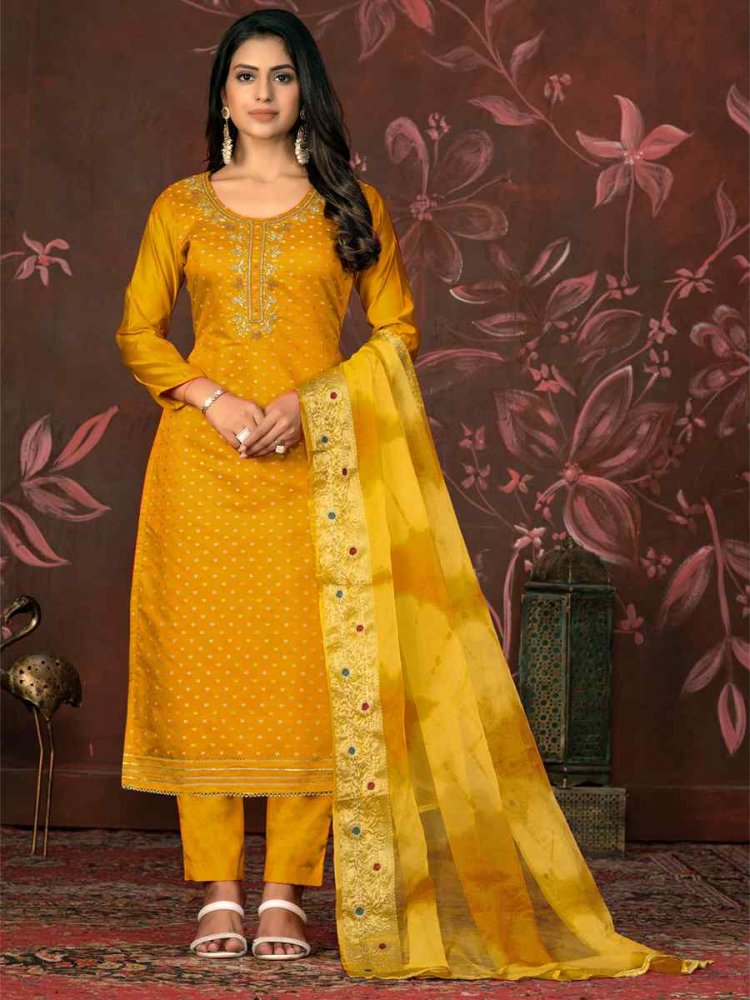 Yellow Modal Cotton Jacquard Embroidered Casual Festival Pant Salwar Kameez