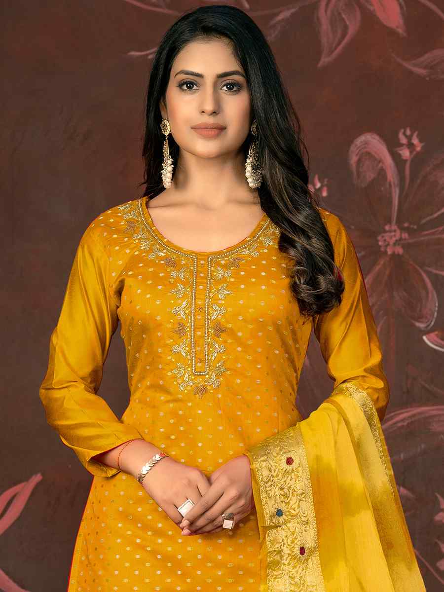 Yellow Modal Cotton Jacquard Embroidered Casual Festival Pant Salwar Kameez