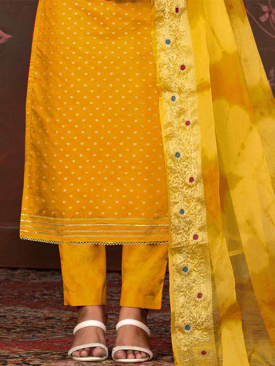 Yellow Modal Cotton Jacquard Embroidered Casual Festival Pant Salwar Kameez