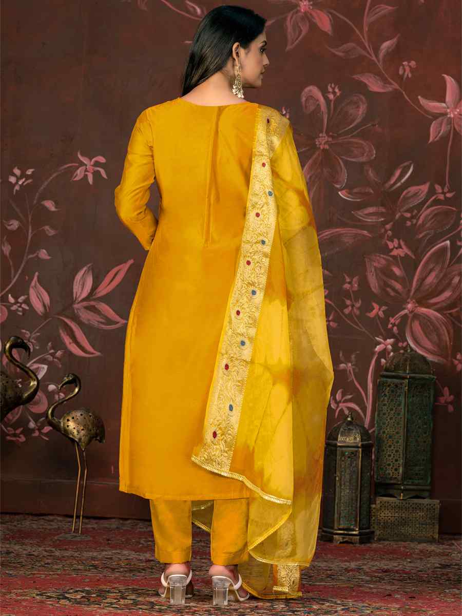 Yellow Modal Cotton Jacquard Embroidered Casual Festival Pant Salwar Kameez