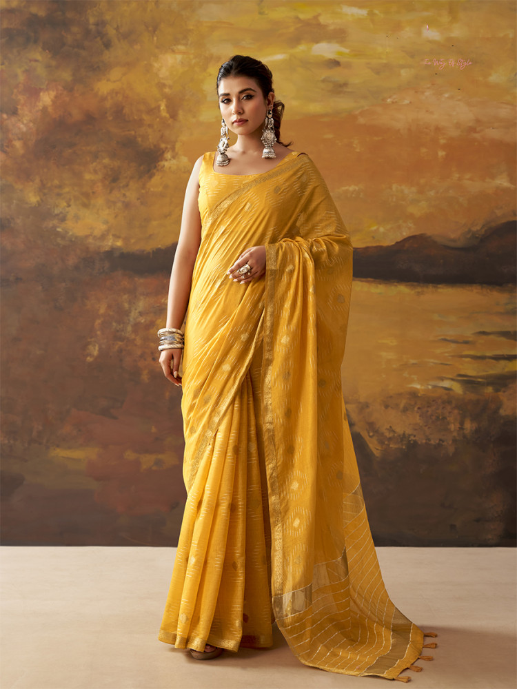 Image of Yellow Modal Cotton Zari Weaving Wedding Reception Party Festival Casual Heavy Border Sarees
