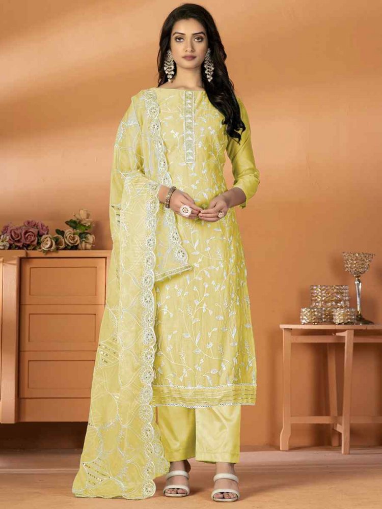 Yellow Modal Silk Embroidered Casual Festival Pant Salwar Kameez
