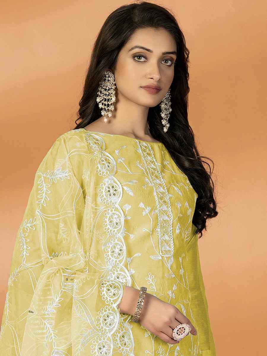 Yellow Modal Silk Embroidered Casual Festival Pant Salwar Kameez