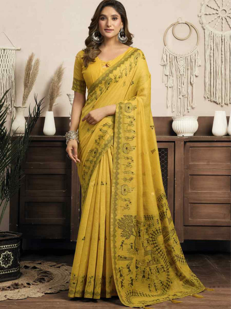 Image of Yellow Modal Silk Printed Casual Reception Festival Wedding Fancy Heavy Border Sarees