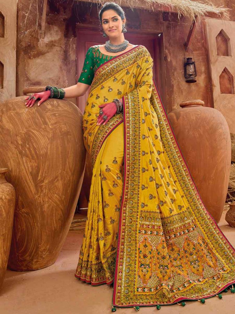 Yellow Monalisha Silk Embroidered Wedding Festival Heavy Border Saree