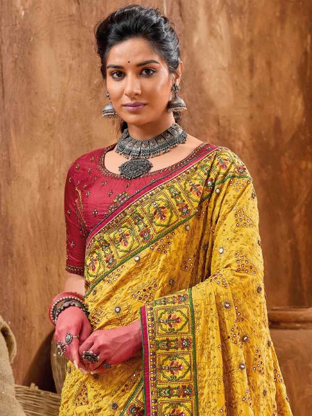 Yellow Monalisha Silk Embroidered Wedding Festival Heavy Border Saree