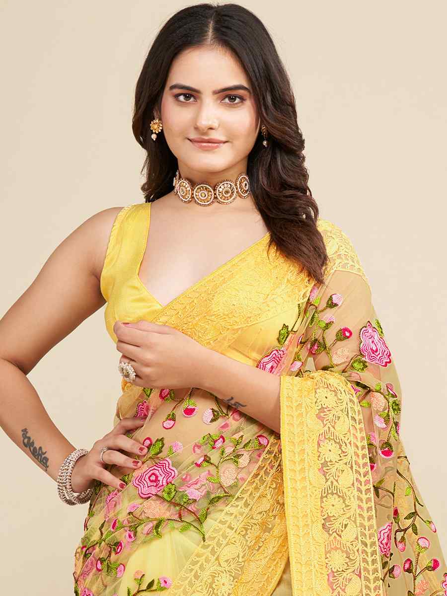 Yellow Mono Banglory Silk Embroidered Reception Party Heavy Border Saree