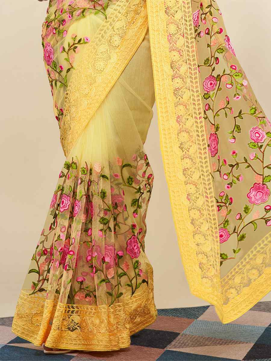 Yellow Mono Banglory Silk Embroidered Reception Party Heavy Border Saree