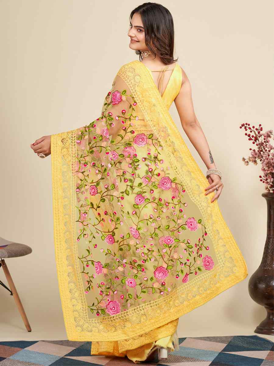 Yellow Mono Banglory Silk Embroidered Reception Party Heavy Border Saree