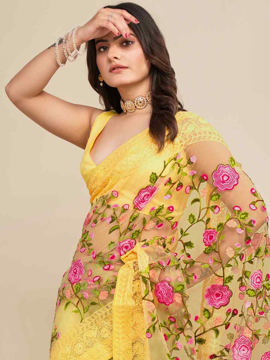 Yellow Mono Banglory Silk Embroidered Reception Party Heavy Border Saree