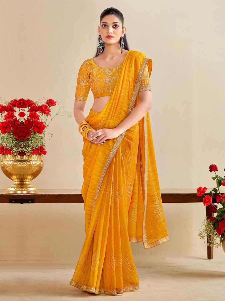 Yellow Moss Chiffon Embroidery Party Bridal Reception Festival Wedding Fancy Heavy Border Saree