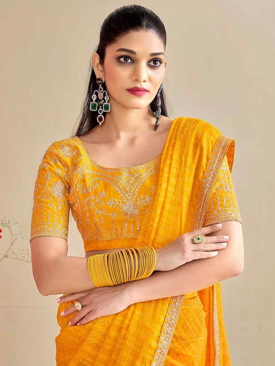Yellow Moss Chiffon Embroidery Party Bridal Reception Festival Wedding Fancy Heavy Border Saree