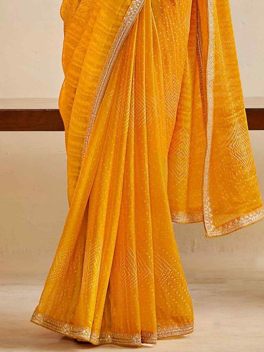 Yellow Moss Chiffon Embroidery Party Bridal Reception Festival Wedding Fancy Heavy Border Saree