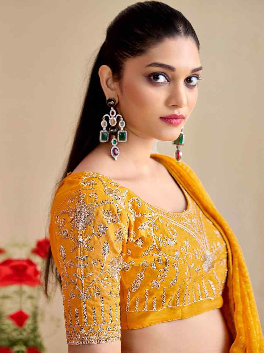 Yellow Moss Chiffon Embroidery Party Bridal Reception Festival Wedding Fancy Heavy Border Saree