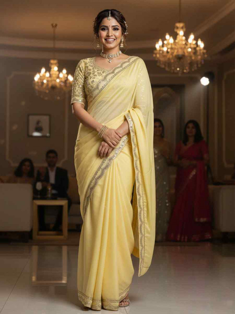 Image of Yellow Moss Chiffon Embroidery Traditional Bridal Reception Festival Wedding Fancy Heavy Border Saree
