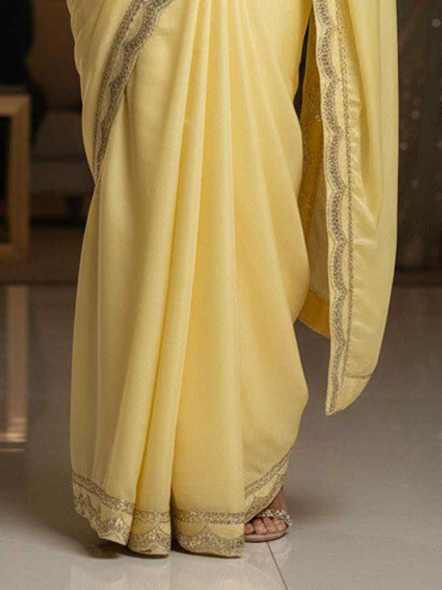 Yellow Moss Chiffon Embroidery Traditional Bridal Reception Festival Wedding Fancy Heavy Border Saree