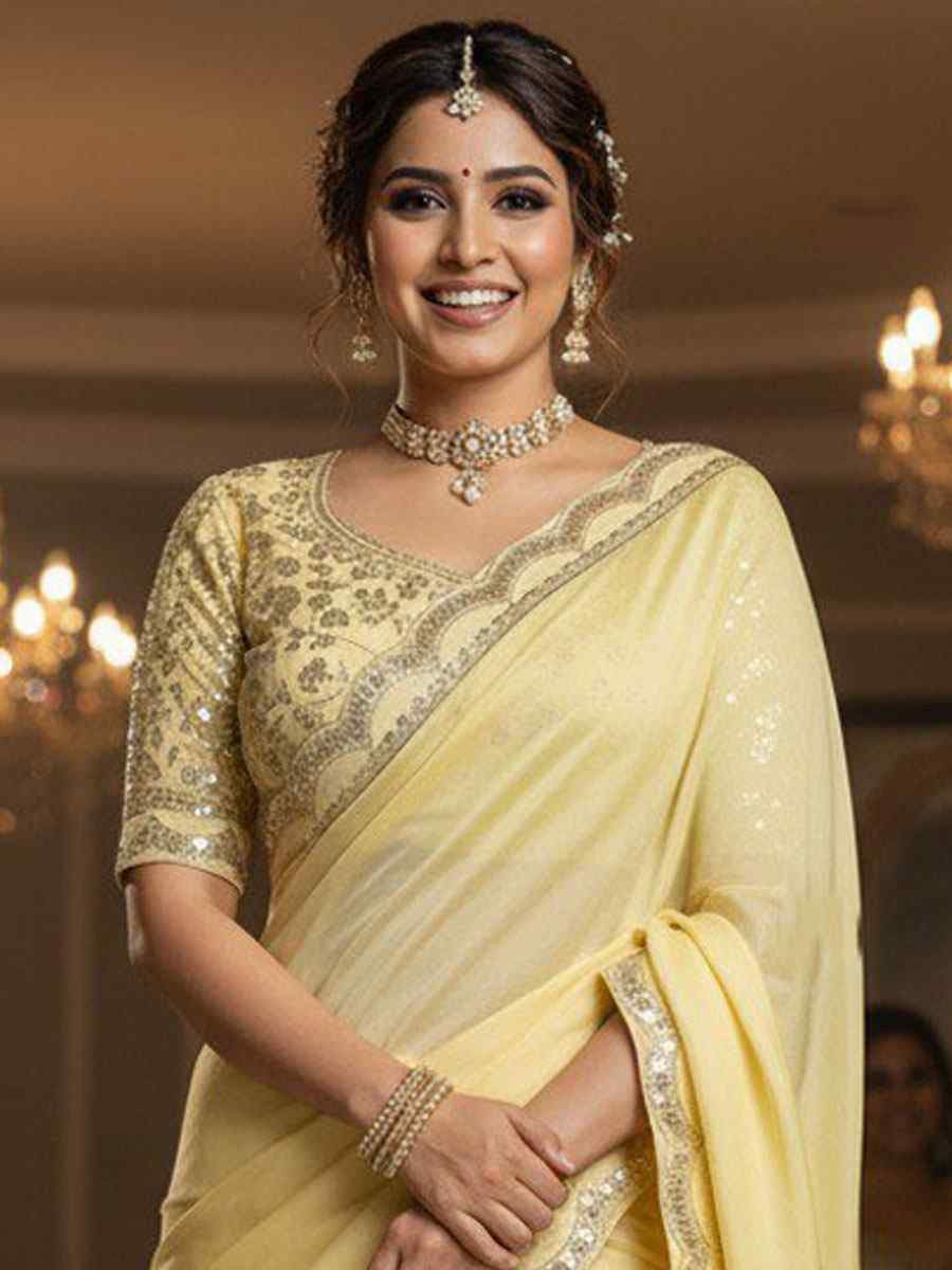 Yellow Moss Chiffon Embroidery Traditional Bridal Reception Festival Wedding Fancy Heavy Border Saree