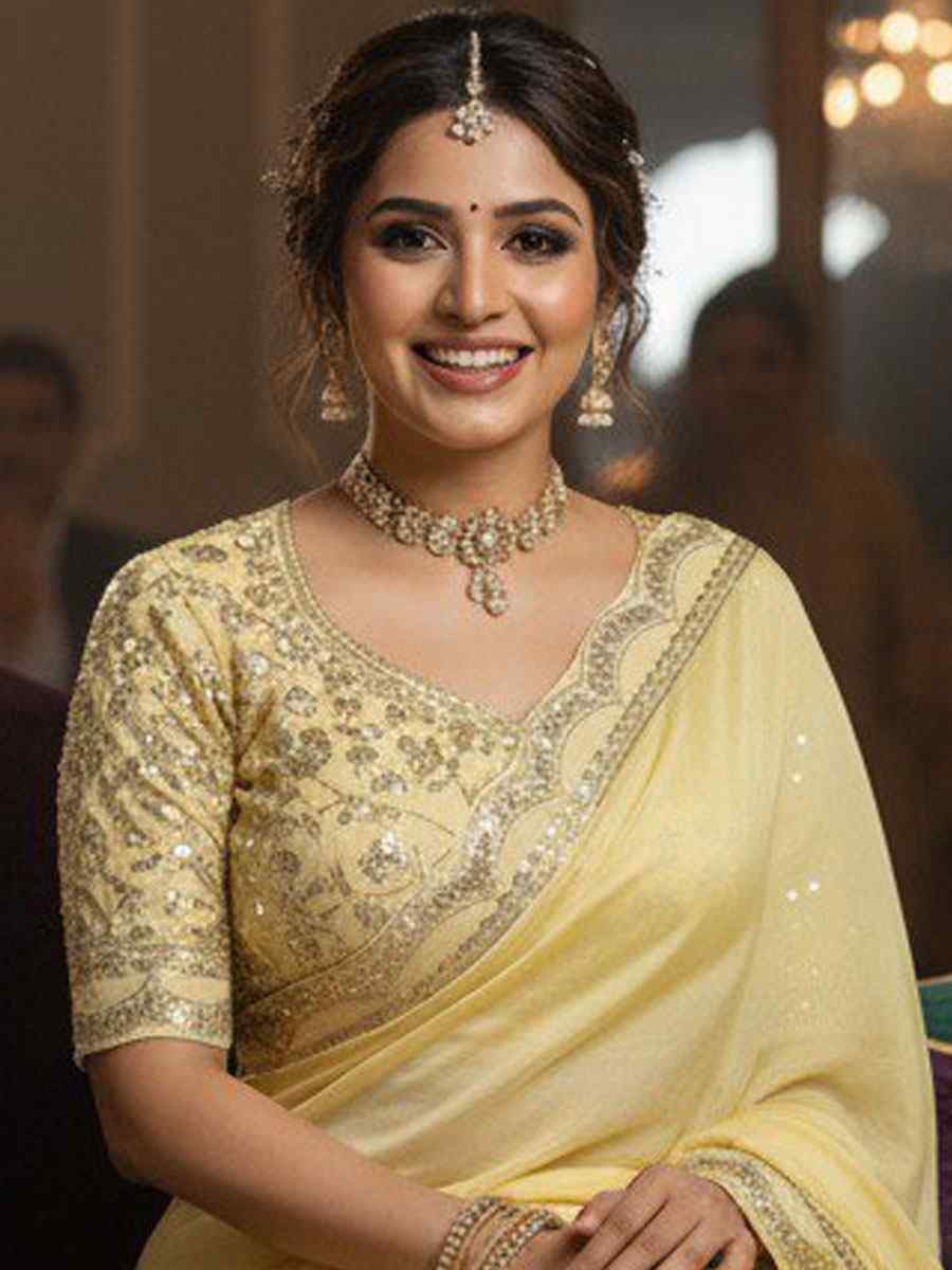 Yellow Moss Chiffon Embroidery Traditional Bridal Reception Festival Wedding Fancy Heavy Border Saree