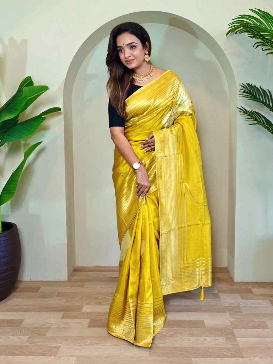 Yellow Munga Silk Handwoven Festival Wedding Fancy Heavy Border Saree