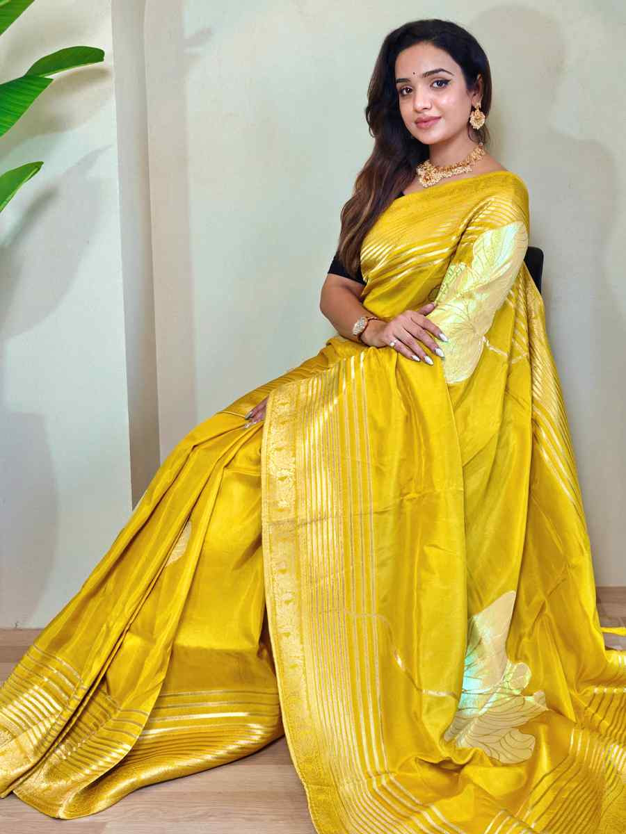 Yellow Munga Silk Handwoven Festival Wedding Fancy Heavy Border Saree