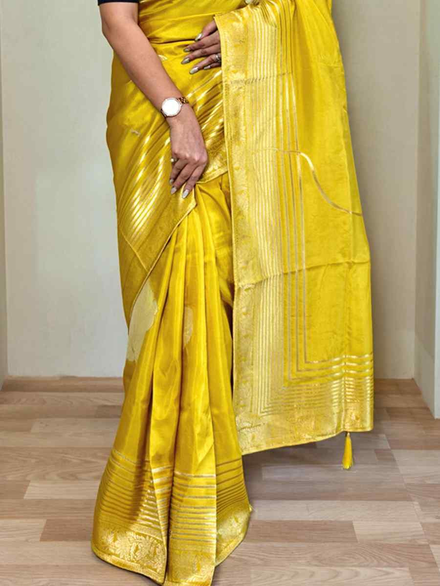 Yellow Munga Silk Handwoven Festival Wedding Fancy Heavy Border Saree