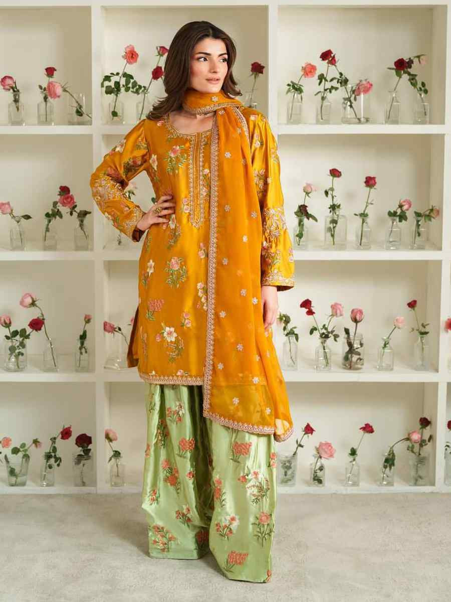 Yellow Natural Crep Silk Embroidered Festival Casual Ready Farsi Salwar Kameez