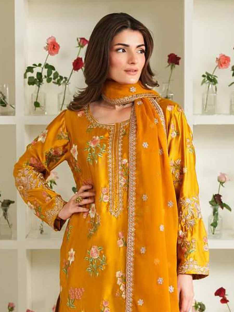 Yellow Natural Crep Silk Embroidered Festival Casual Ready Farsi Salwar Kameez