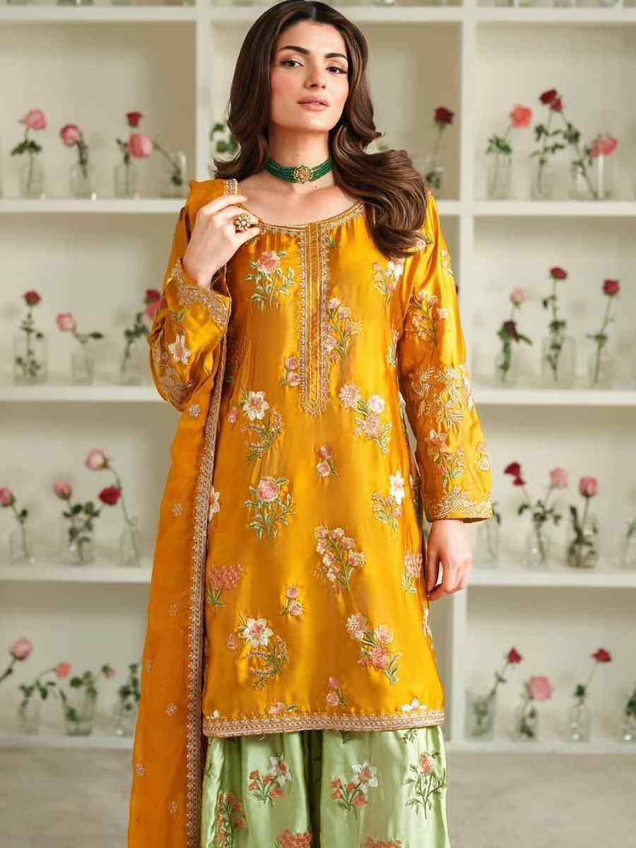 Yellow Natural Crep Silk Embroidered Festival Casual Ready Farsi Salwar Kameez