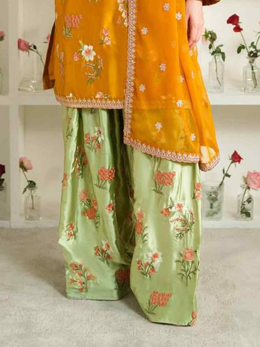 Yellow Natural Crep Silk Embroidered Festival Casual Ready Farsi Salwar Kameez