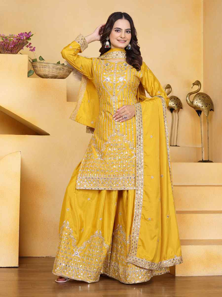 Yellow Natural Crepe Embroidery Party Wedding Festival Casual Ready Palazzo Pant Salwar Kameez