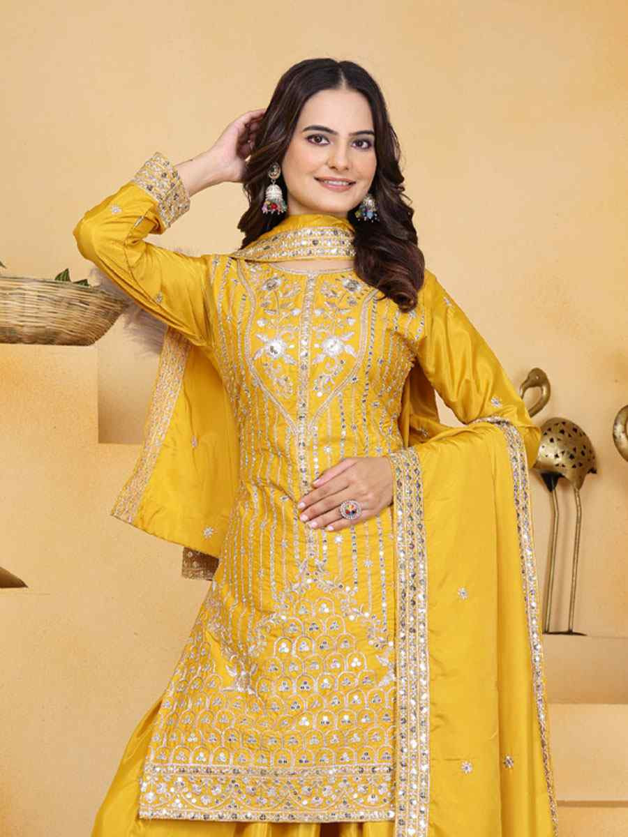 Yellow Natural Crepe Embroidery Party Wedding Festival Casual Ready Palazzo Pant Salwar Kameez