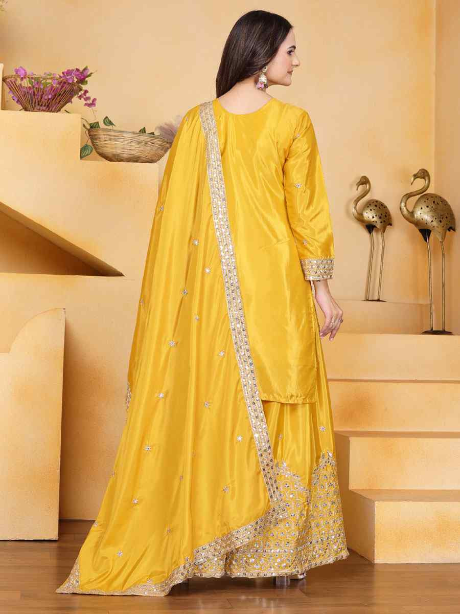 Yellow Natural Crepe Embroidery Party Wedding Festival Casual Ready Palazzo Pant Salwar Kameez