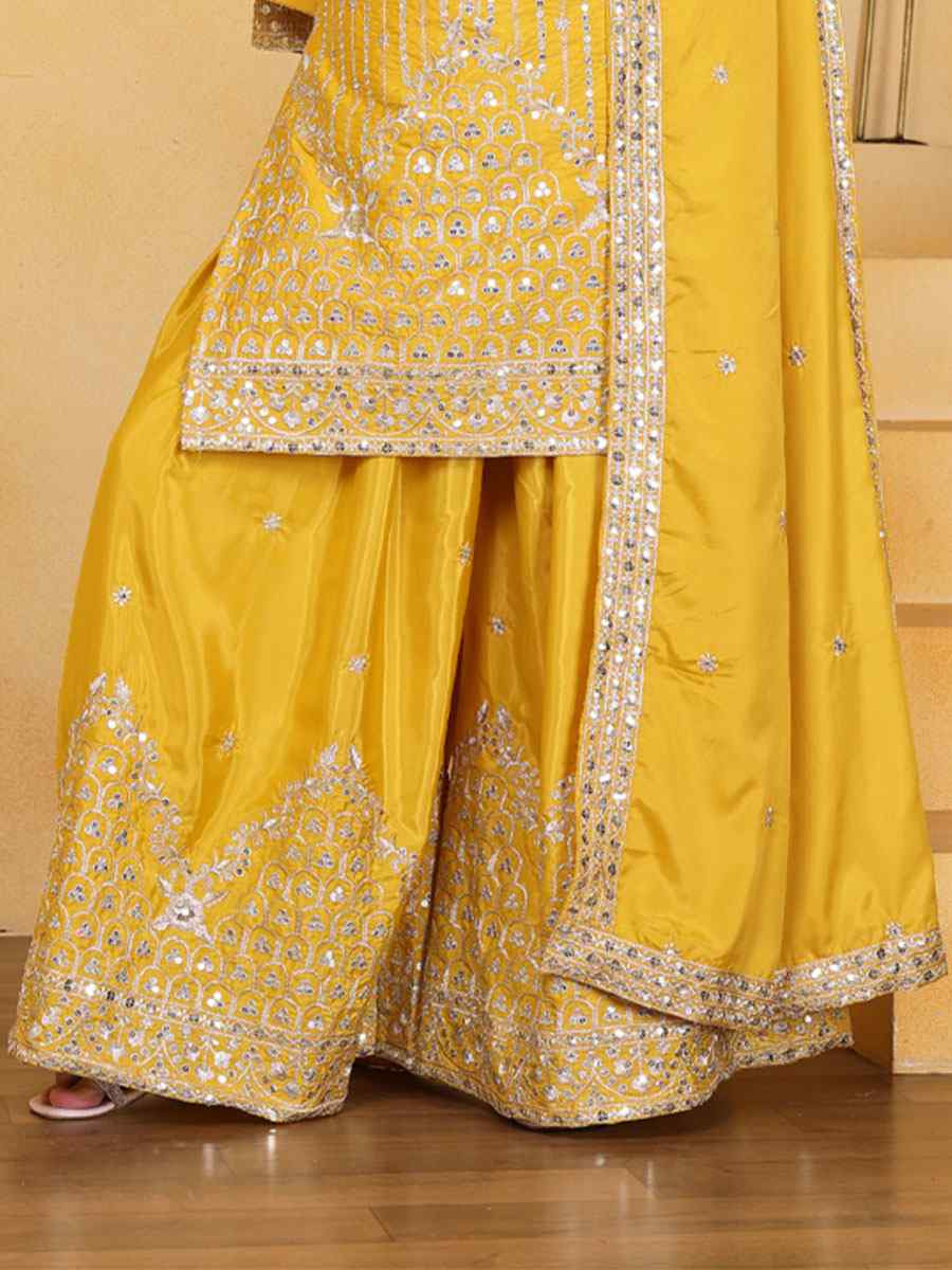 Yellow Natural Crepe Embroidery Party Wedding Festival Casual Ready Palazzo Pant Salwar Kameez