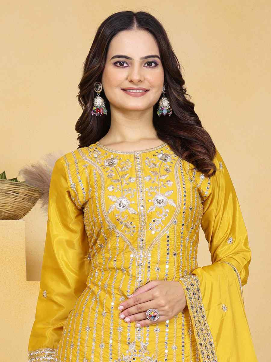 Yellow Natural Crepe Embroidery Party Wedding Festival Casual Ready Palazzo Pant Salwar Kameez