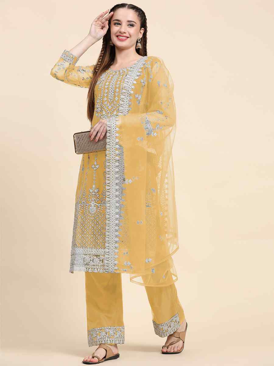 Yellow Net Embroidered Festival Mehendi Pant Salwar Kameez
