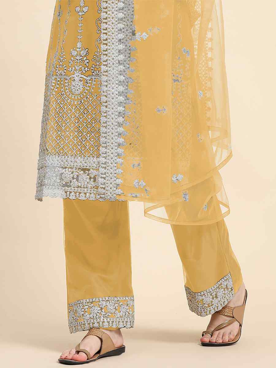 Yellow Net Embroidered Festival Mehendi Pant Salwar Kameez