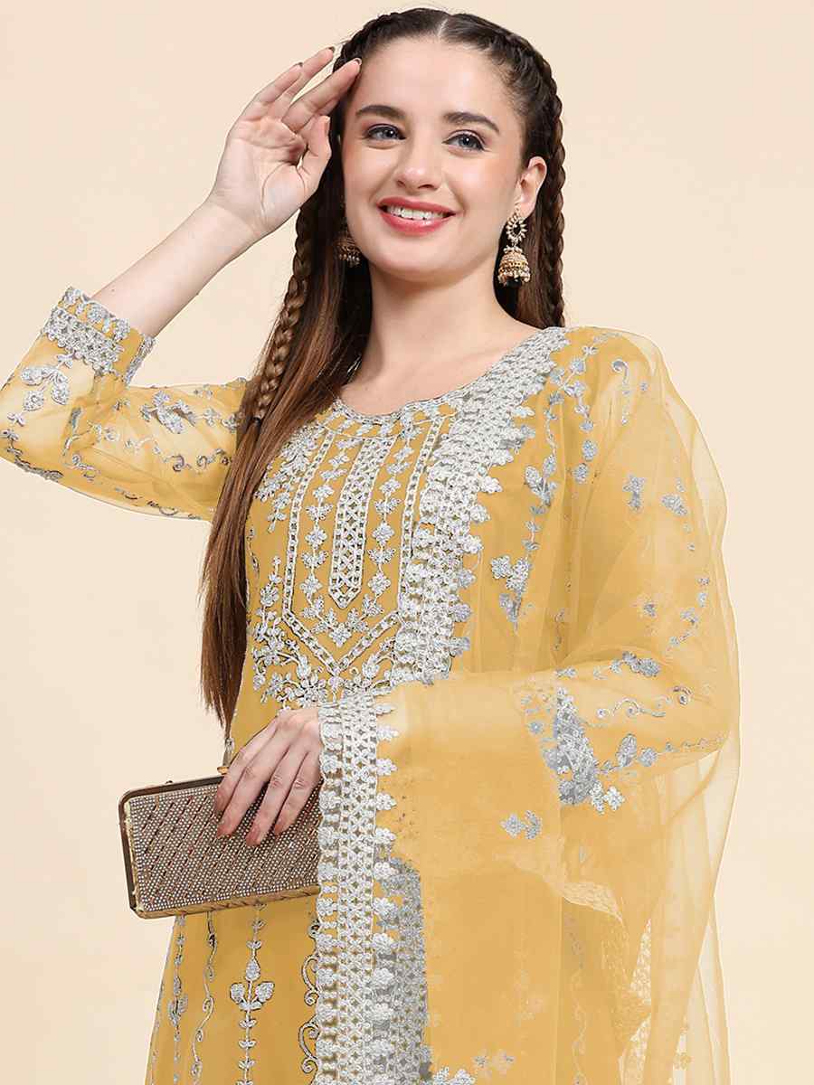 Yellow Net Embroidered Festival Mehendi Pant Salwar Kameez