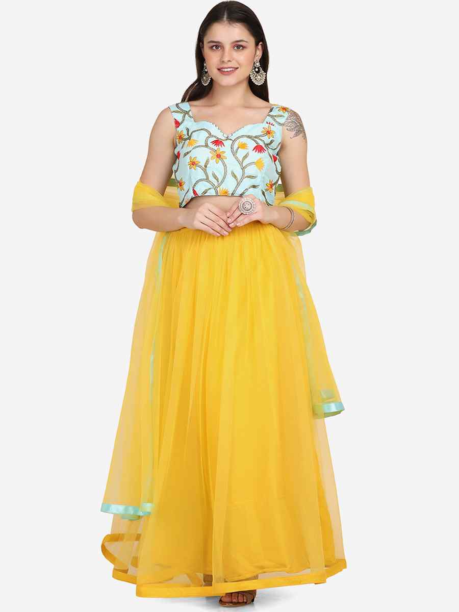 Yellow Net Embroidered Festival Party Wear Circular Lehenga Choli