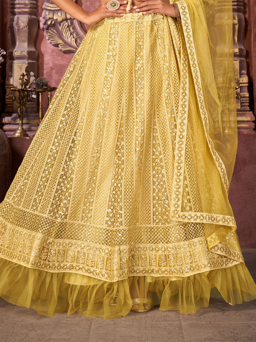 Yellow Net Embroidered Festival Party Wear Heavy Border Lehenga Choli