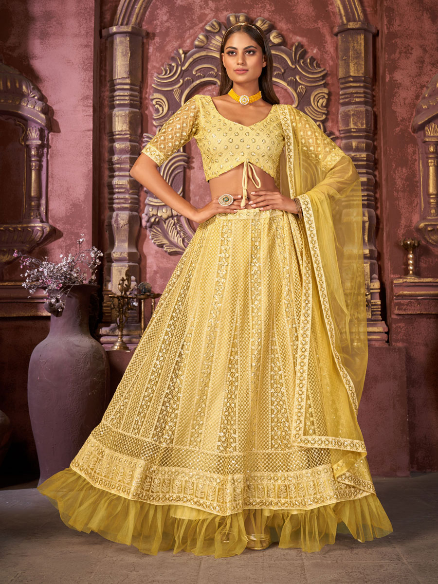 Yellow Net Embroidered Festival Party Wear Heavy Border Lehenga Choli