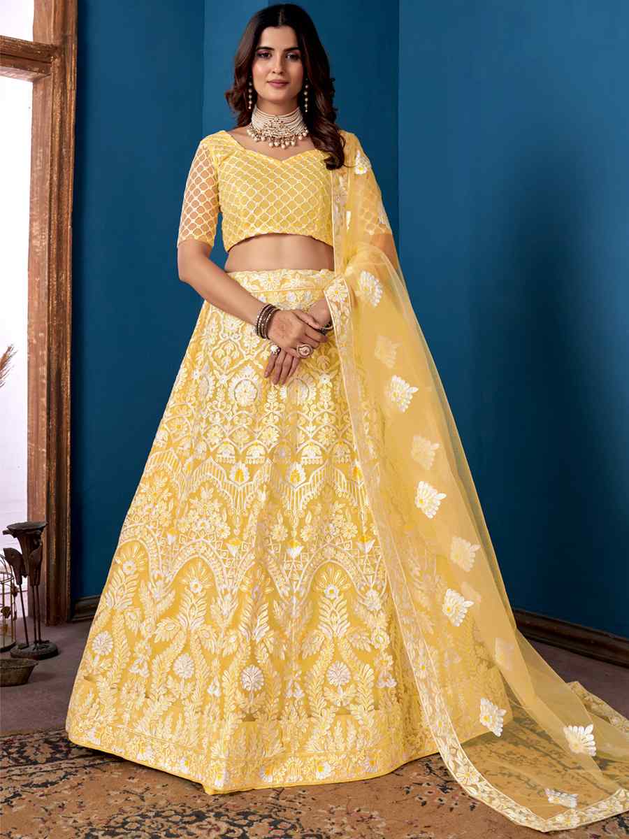 Yellow Net Embroidered Festival Wedding Circular Lehenga Choli