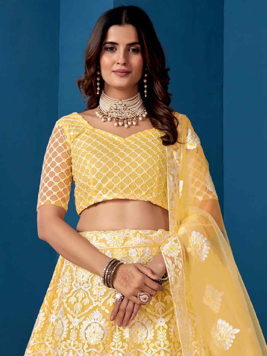 Yellow Net Embroidered Festival Wedding Circular Lehenga Choli