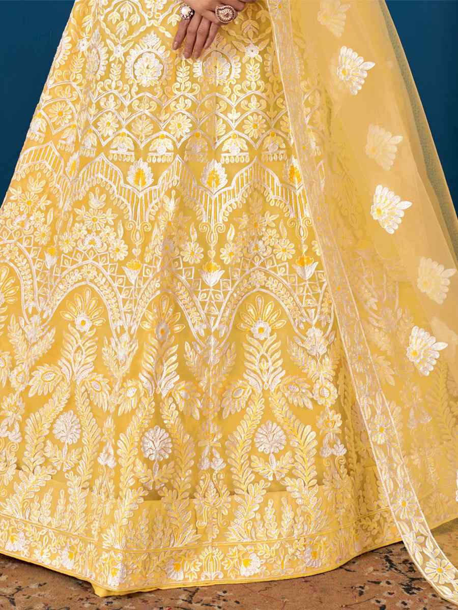 Yellow Net Embroidered Festival Wedding Circular Lehenga Choli