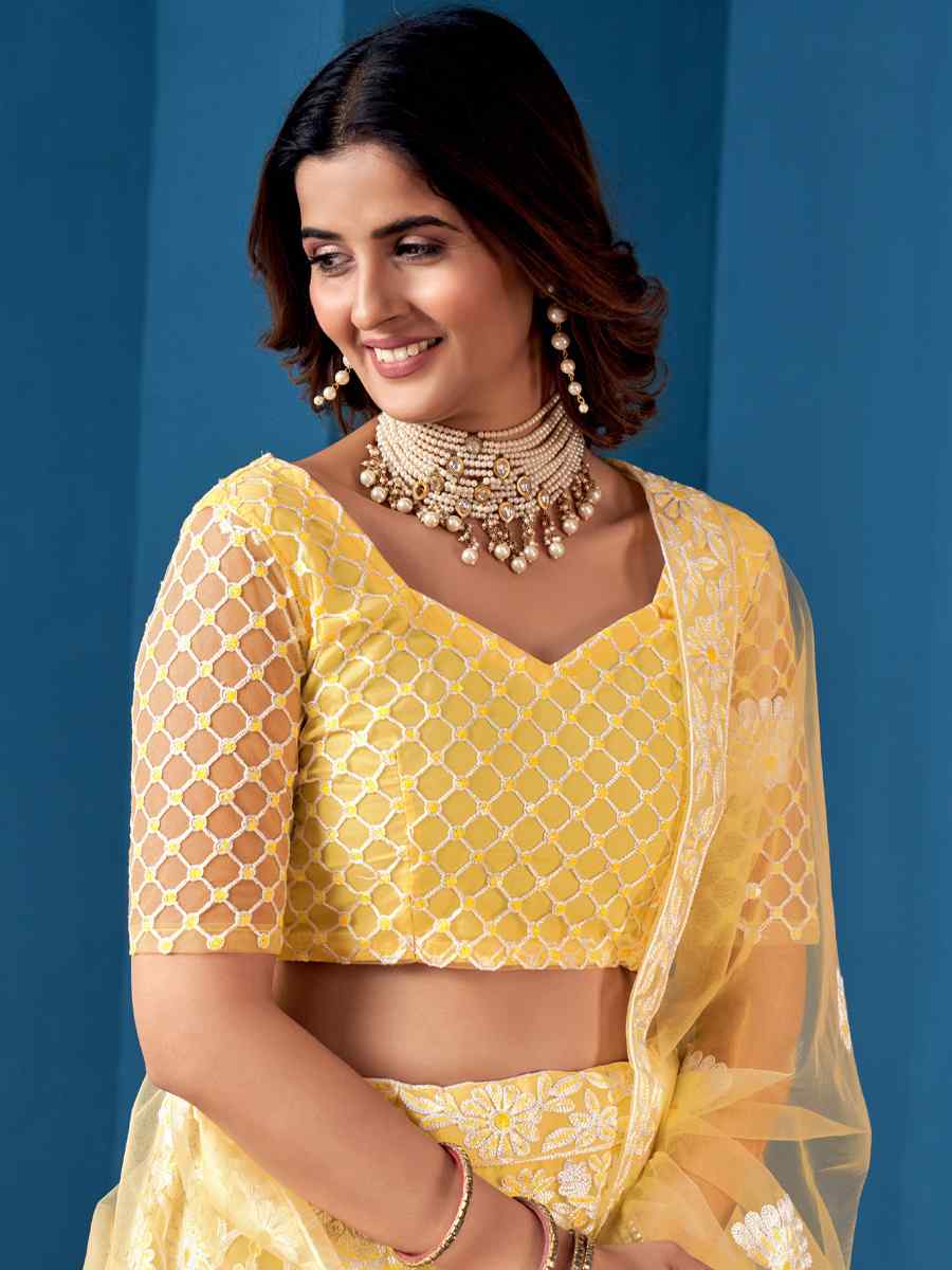 Yellow Net Embroidered Festival Wedding Circular Lehenga Choli