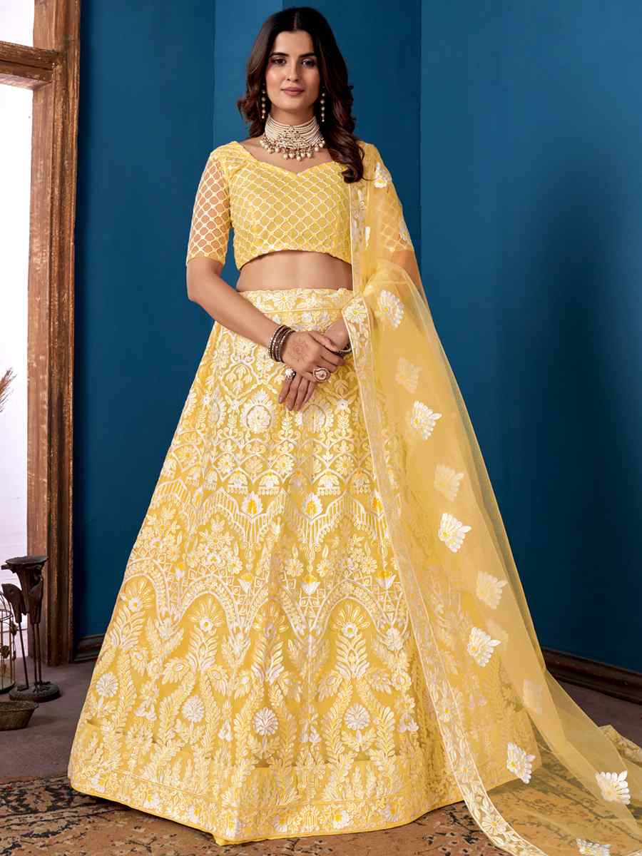 Yellow Net Embroidered Festival Wedding Circular Lehenga Choli