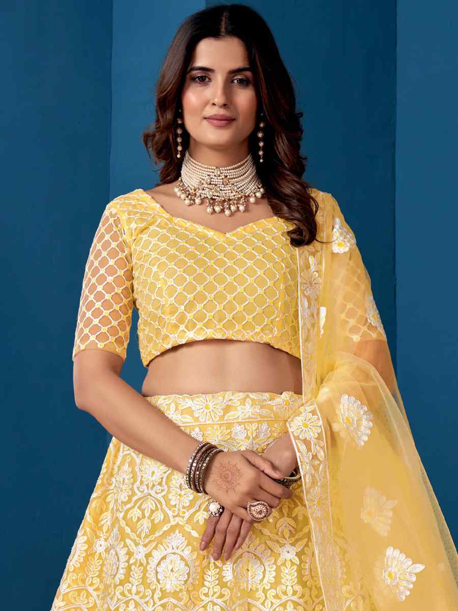 Yellow Net Embroidered Festival Wedding Circular Lehenga Choli