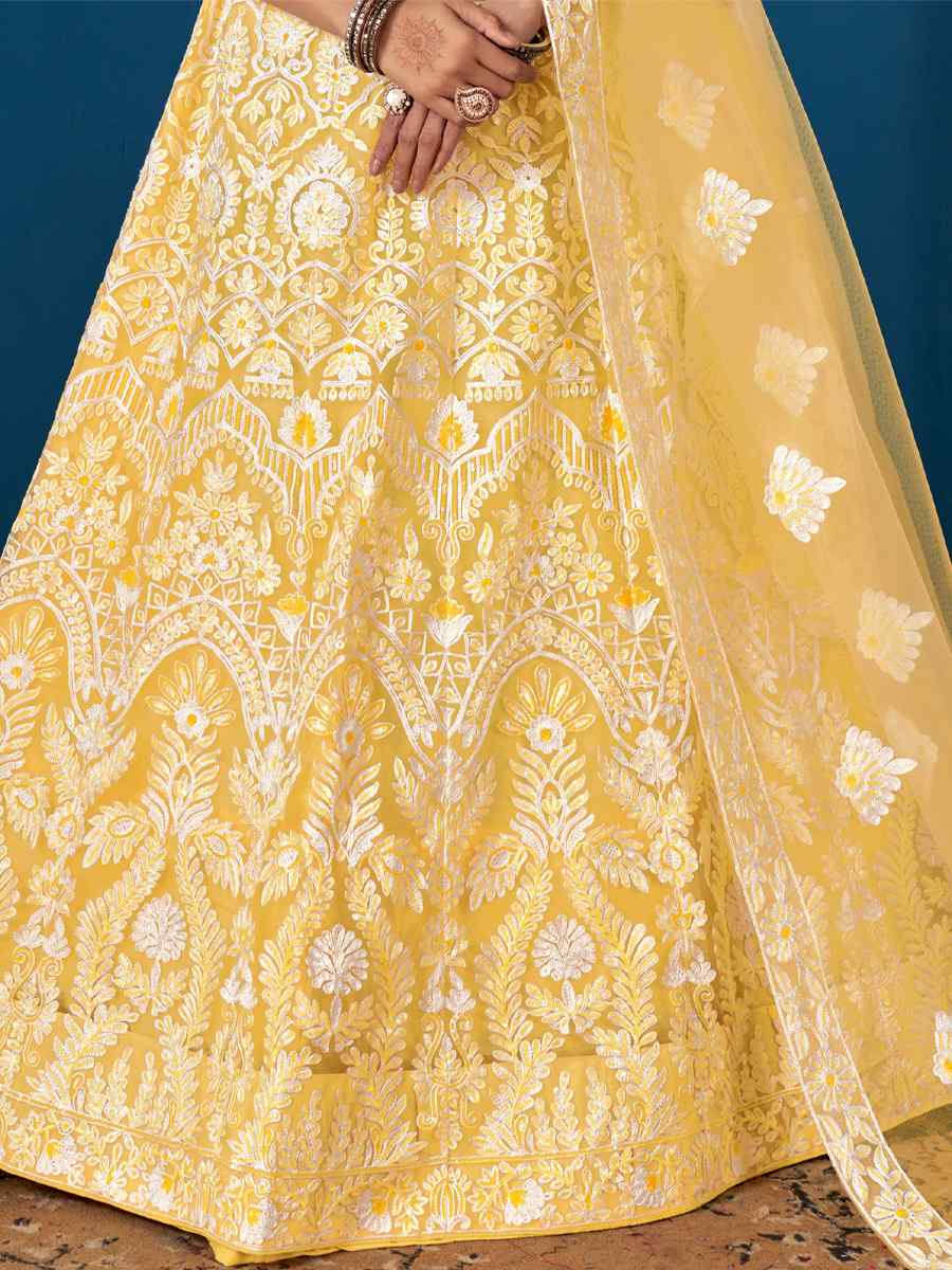 Yellow Net Embroidered Festival Wedding Circular Lehenga Choli