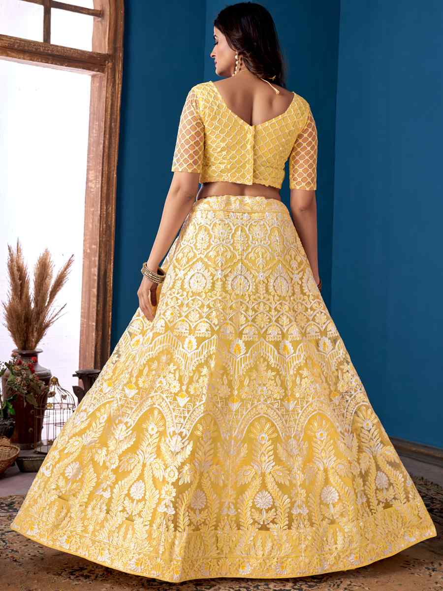 Yellow Net Embroidered Festival Wedding Circular Lehenga Choli