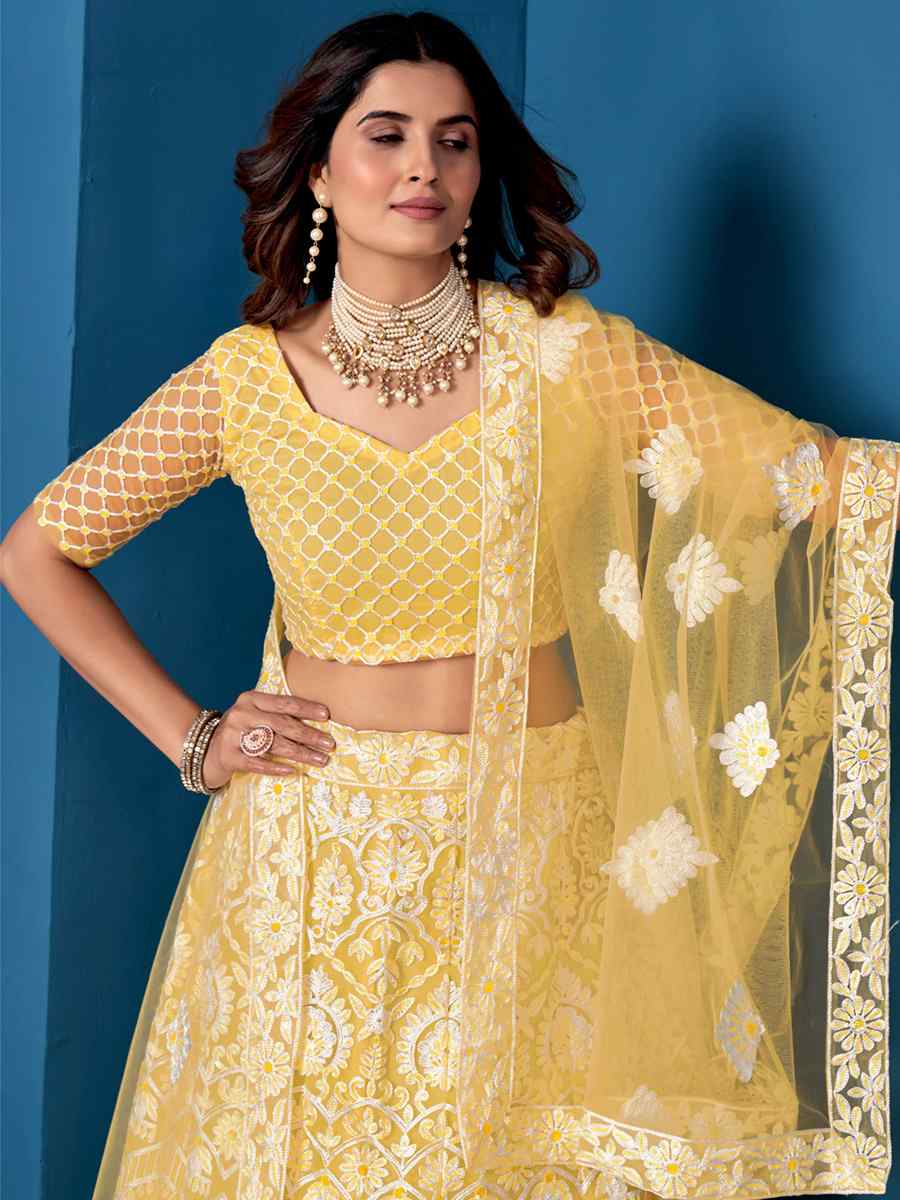 Yellow Net Embroidered Festival Wedding Circular Lehenga Choli